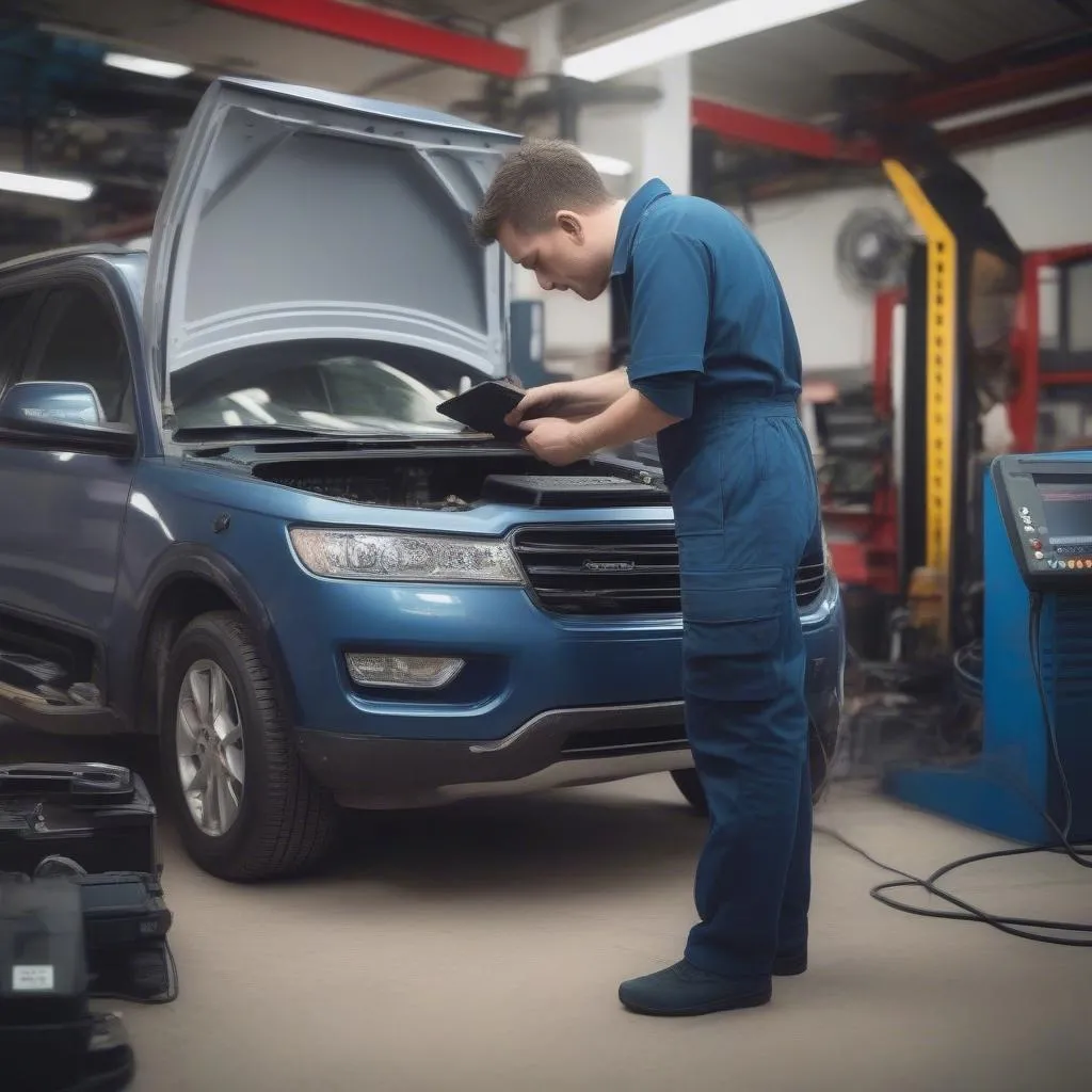 Mechanic using OBD2 scanner